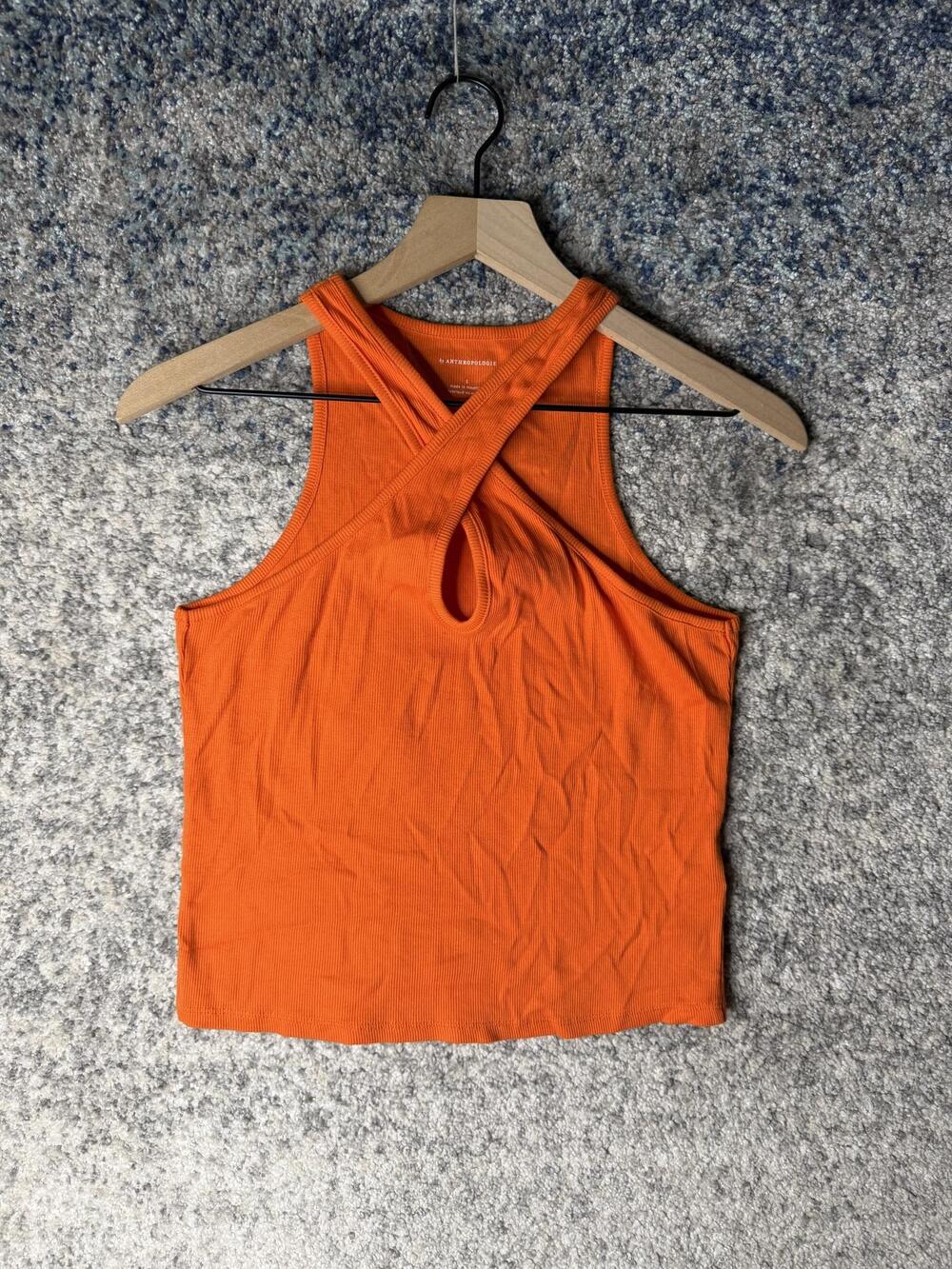 By Anthropologie Tank Top Womens Small Orange High Neck Keyhole Ribbed Cropped
